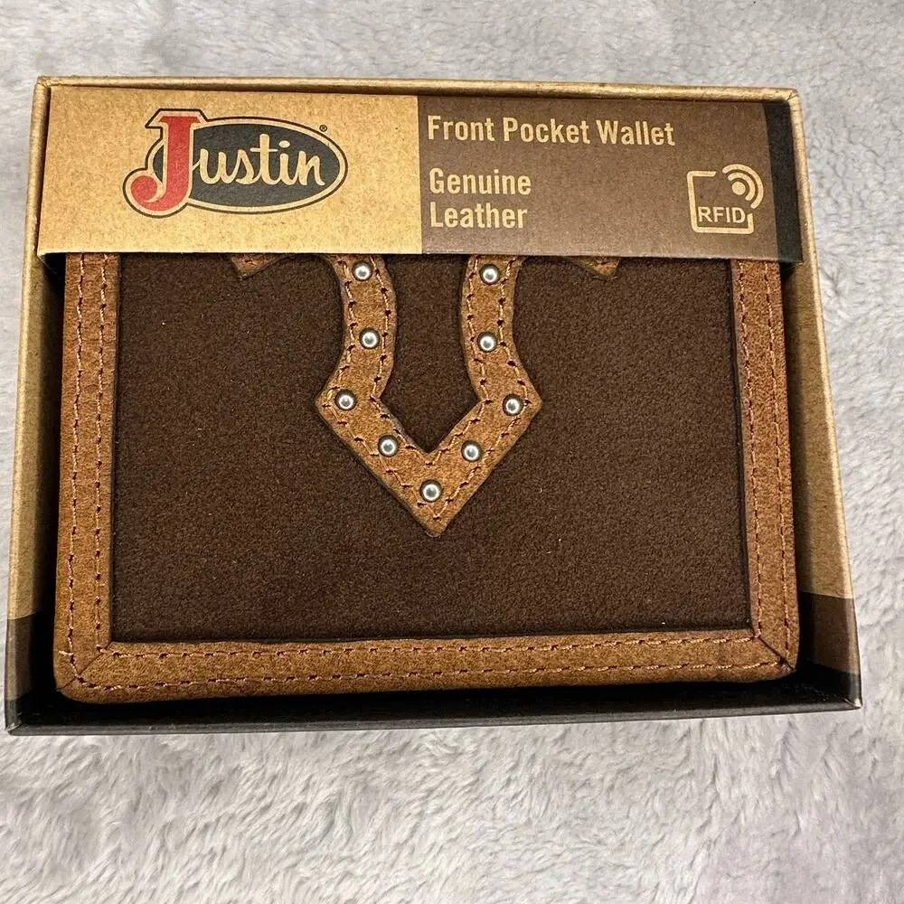 Justin RFID Front Pocket Wallet Brown Genuine Leather Suede Western Boot Stitch